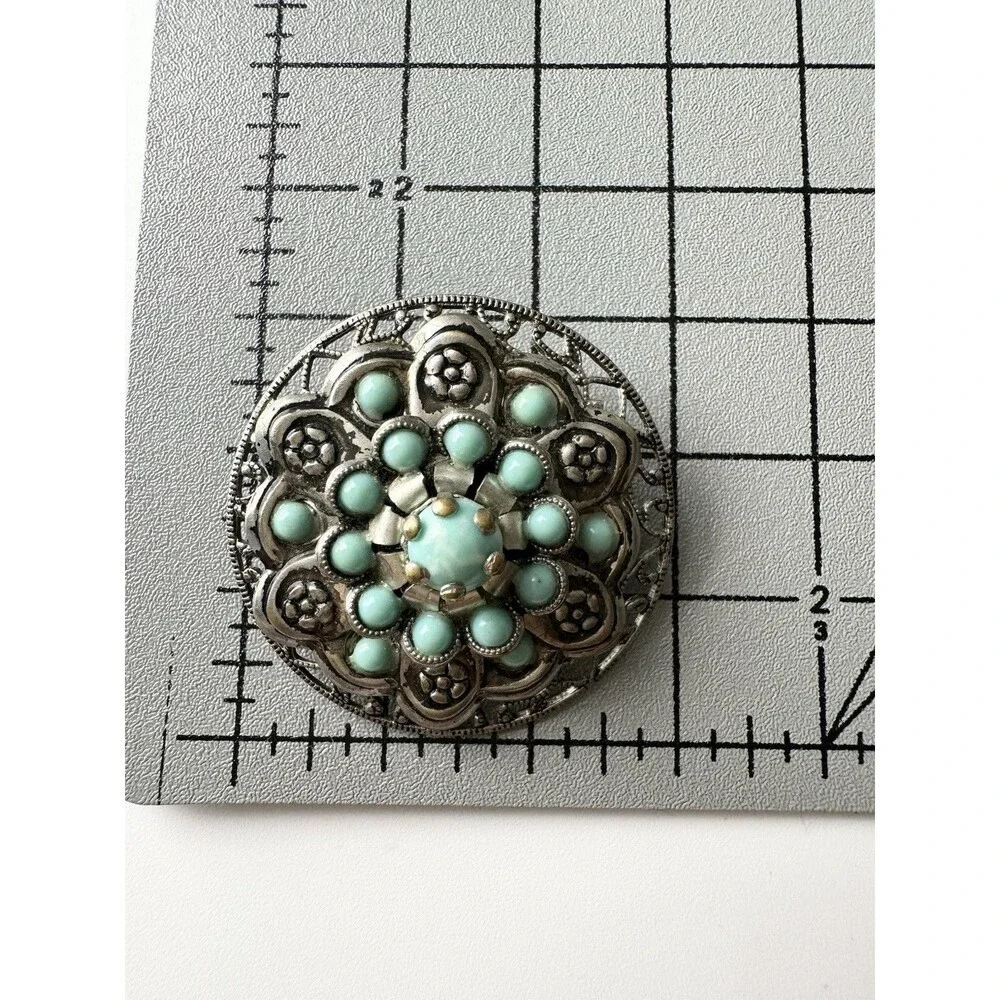 Vintage Faux Turquoise Cabochon Silver Tone Filigree Floral Brooch Pin